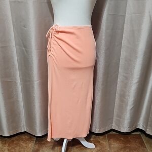 Aerie Pink Ruched Tie Front Midi Skirt